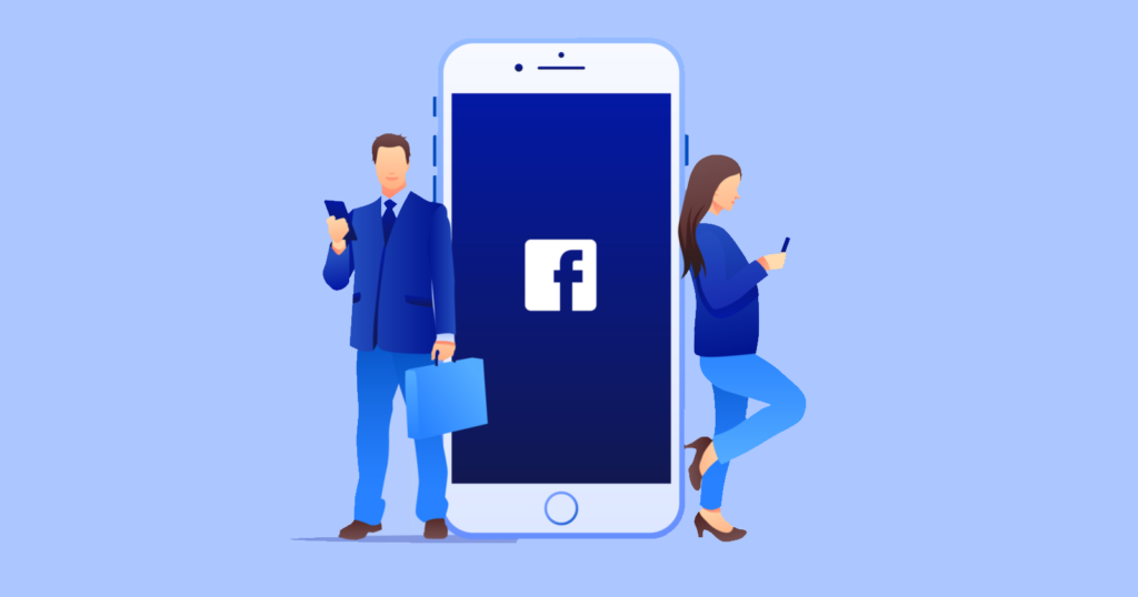 Illustration of a man and woman in business clothing, standing next to a large image of an iPhone with the Facebook logo on the screen. 