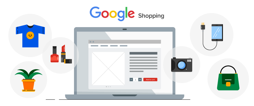 Illustration of Google Shopping interface on a laptop with shopping items (clothes, plants, cosmetics, cameras and a bag) surrounding it,