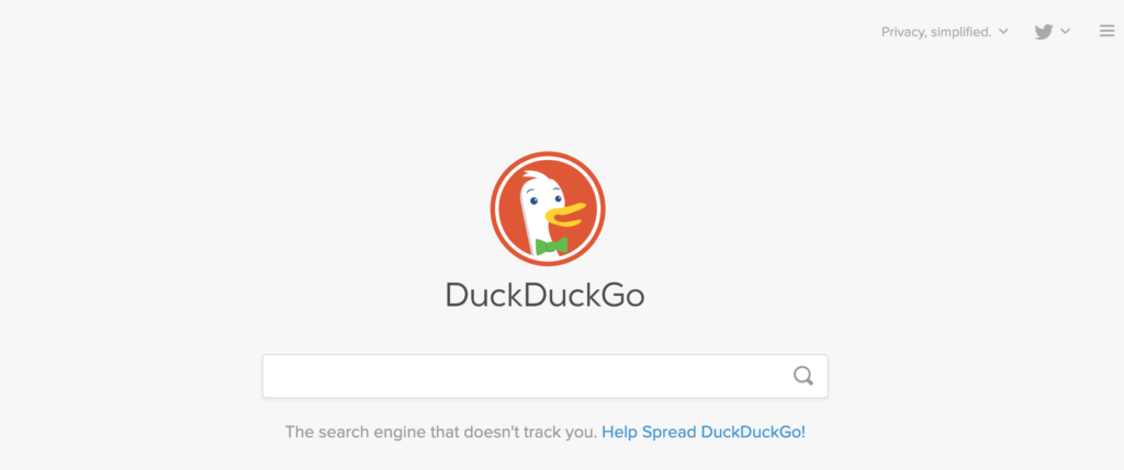 DuckDuckGo search engine home page with the DickDuckGo logo and search bar tab beneath it