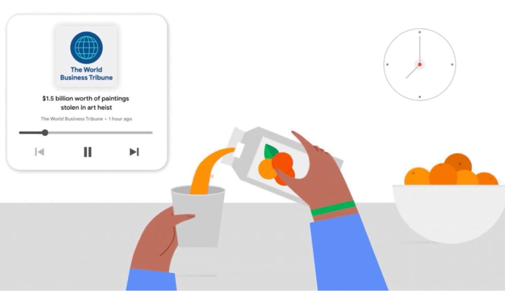 Illustration of a person pouring orange juice, only the hands are visible, as the news plays in the background from The World Business Tribune, indicating how people can listen to the news in the morning with Google Assistant.