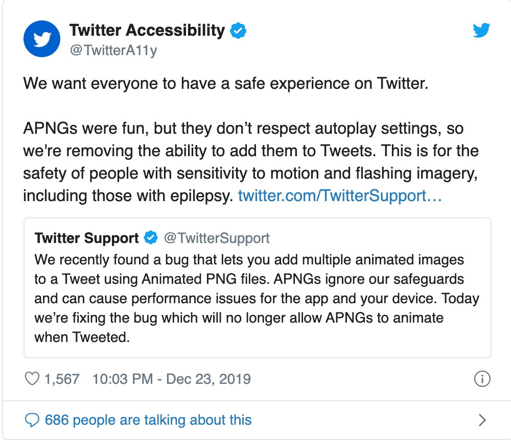 Twitter accessibility announcement stating the removal of APNG images from its platform.
