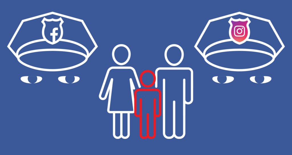 Illustration of child standing against parents with two policing caps - one with the Facebook logo and the other with the Instagram logo