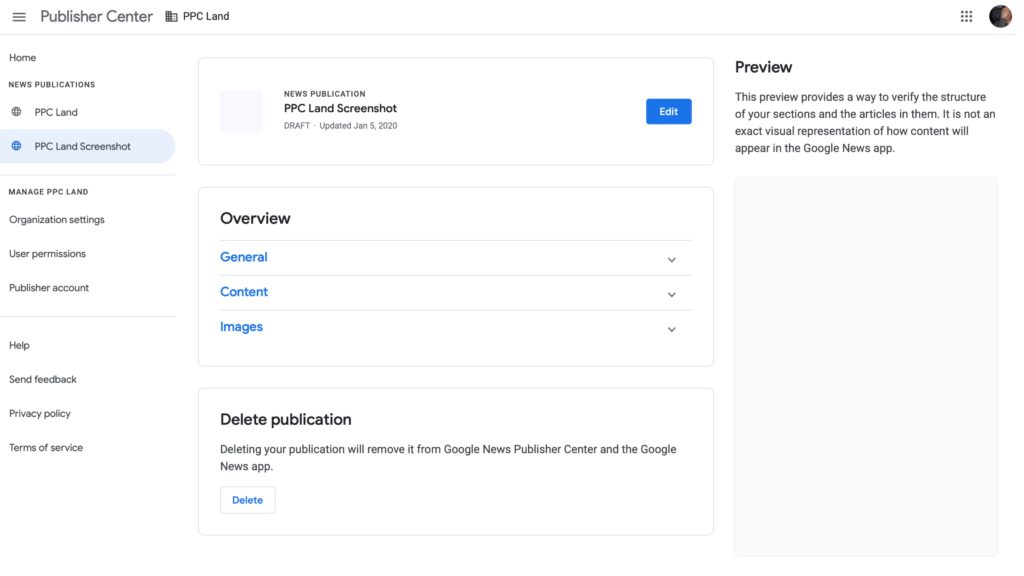 Screenshot of PPC Land’s account on Google Publisher Centre’s interface