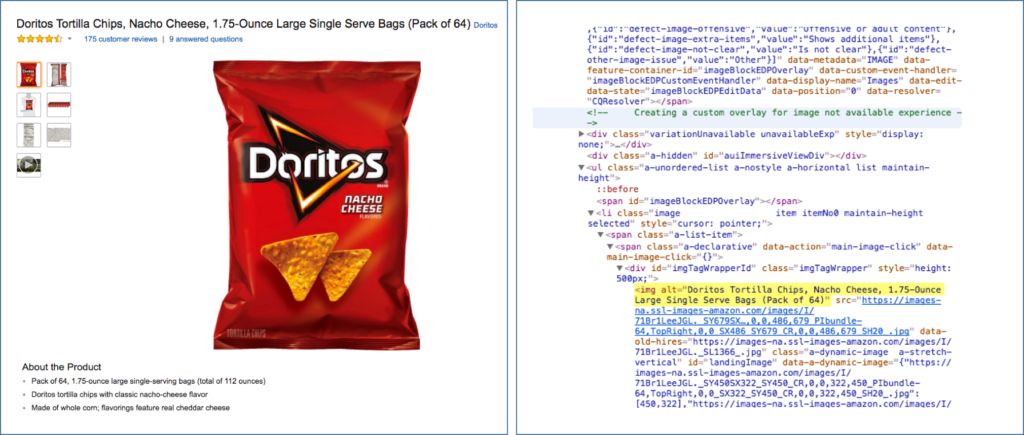 image illustrating what an alt text is with the example of a doritos tortilla chip packet on the right, and on the left the HTML code highlighting where the alt text is located and what it looks like