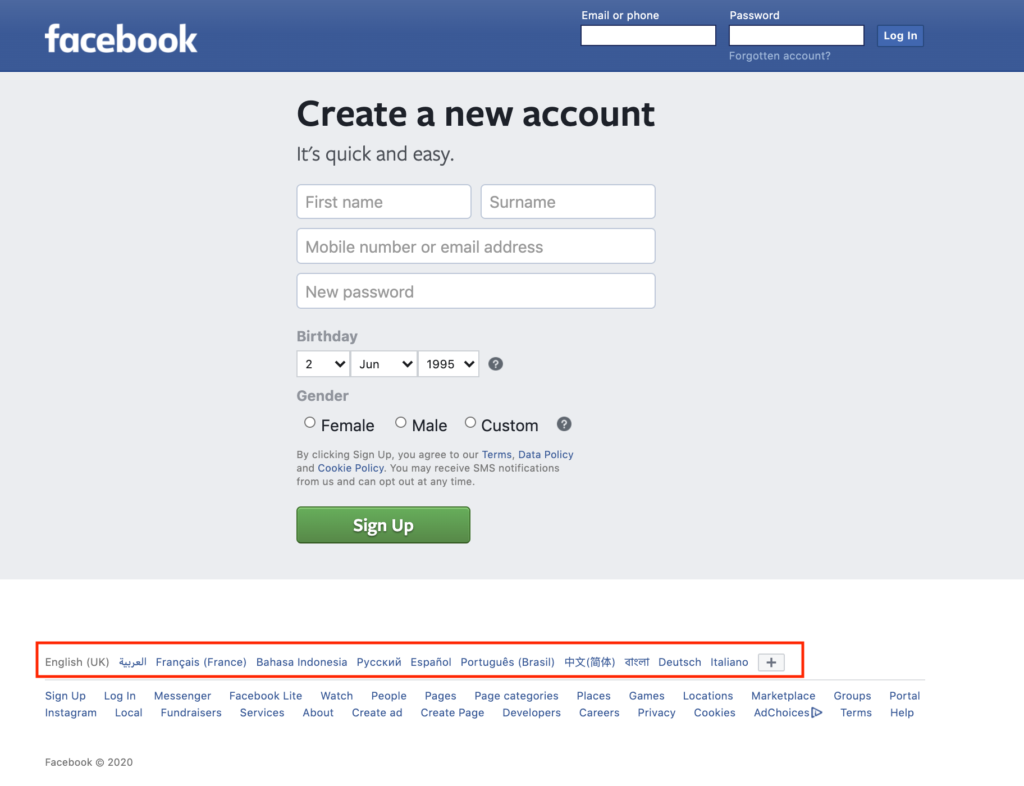 Facebook sign up page to create an account, language options at the bottom to allow users to change the language of the page